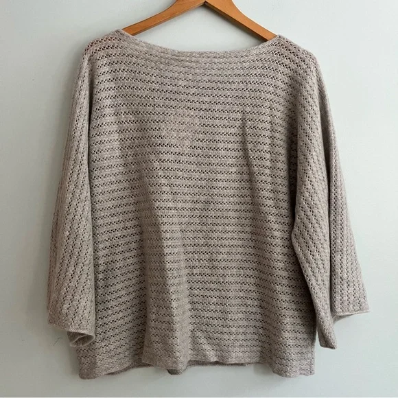 Garnet Hill Cashmere NWT Gray Sweater XL Pointelle Open Knit 3/4 Sleeves